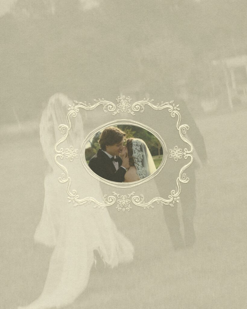 Photo of a married couple in a hand-drawn intricate embossed frame.